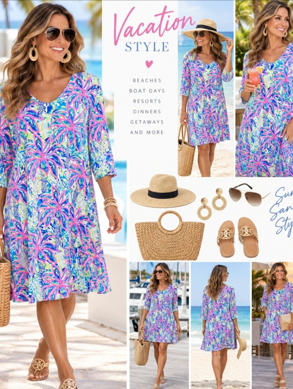 Lulu-B 1X SPF 50 Tropical Palm Print Dress Pink Blue 3/4 Sleeve Resort Plus - Picture 2 of 14